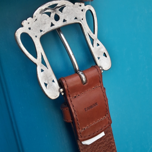 Genuine Leather Belt Boho Silver Metal Belt Buckle Ornate Studded Belts Fossil M - Picture 6 of 13